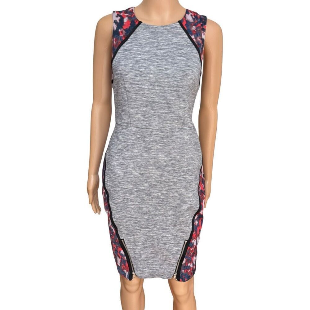 RACHEL Rachel Roy sheath dress gray marled body floral print side panels sz 4